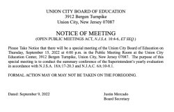 Special Meeting Notice For Thursday September 15, 2022